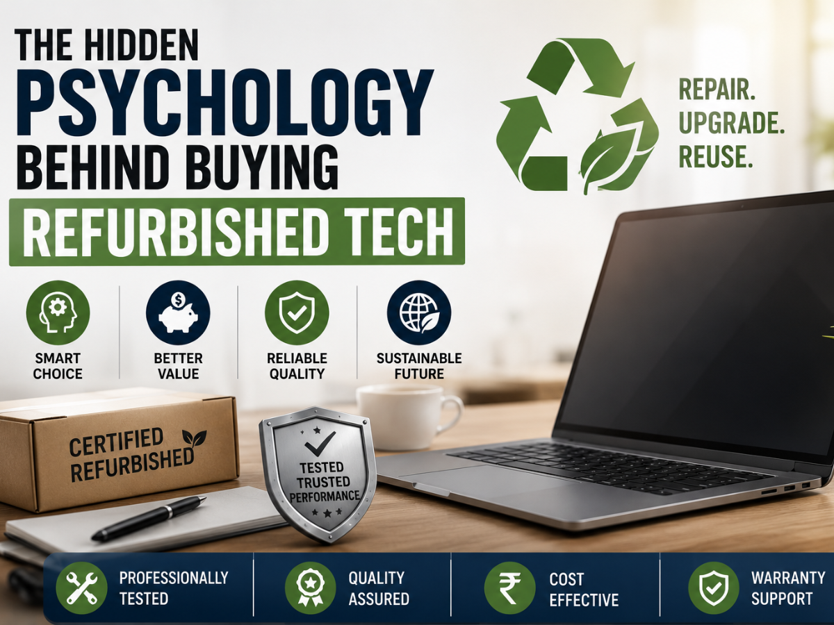A modern workspace featuring a premium laptop on a wooden desk beside a refurbished laptop box, notebook, coffee cup, and indoor plant, representing smart technology ownership, sustainable computing, and the growing trust in professionally refurbished laptops.